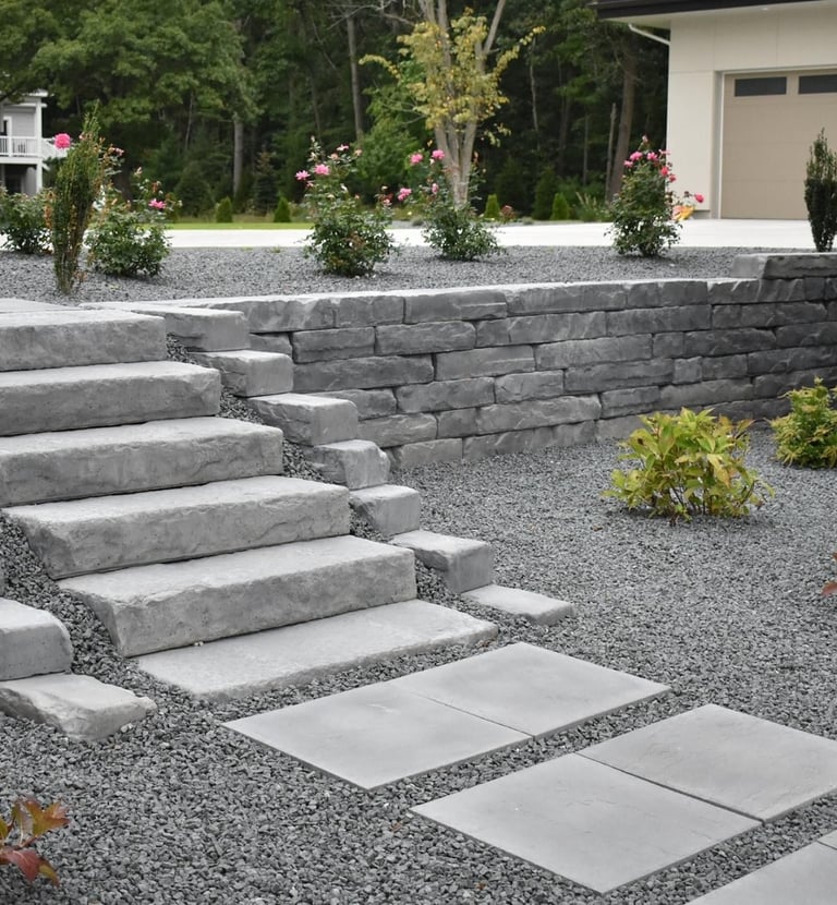 Modern natural stone steps and retaining wall in a backyard with gravel landscaping and garden plants.