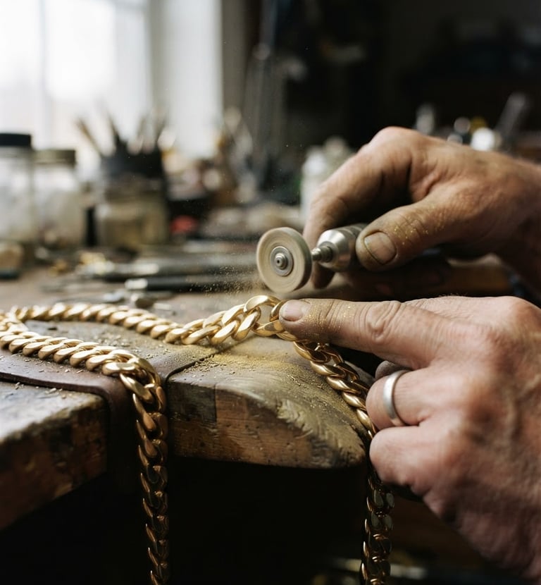 Macro close-up of a master bench jeweler's hands polishing a heavy solid gold chain under soft, natural side-light, gold dust visible, editorial jewelry photography, 35mm