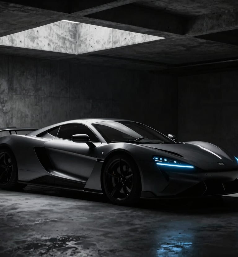 Cinematic editorial photography of a sleek electric hypercar silhouette in a dark architectural concrete hangar, high-contrast dramatic shadows, subtle electric blue headlight glow, 35mm anamorphic lens