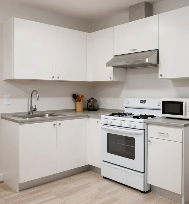 Shared kitchen area with clean appliances and ample space for group cooking.