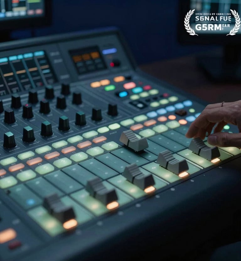 A close-up photograph of a professional video editing console with backlit buttons in muted teal and mist, in a dimly lit dark navy studio.