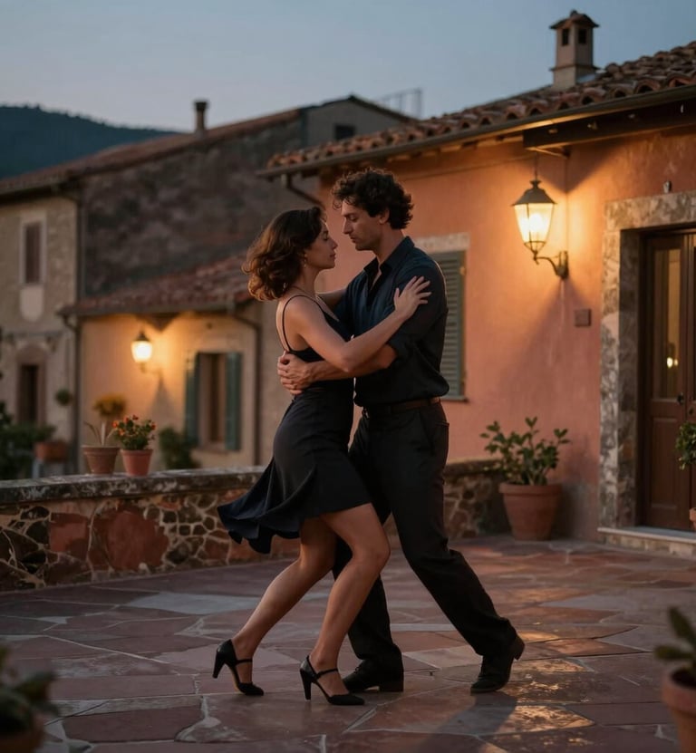 Cinematic photography of a couple dancing slowly on a stone terrace in a Southern European / Italian village at dusk, warm lantern light, soft terracotta tones, intimate atmosphere.