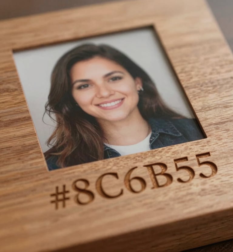 A close-up of a personalized memorial item featuring a delicate laser-etched photo on a warm wood surface with #8C6B5E tones. Soft, sentimental lighting highlighting the texture of the grain.