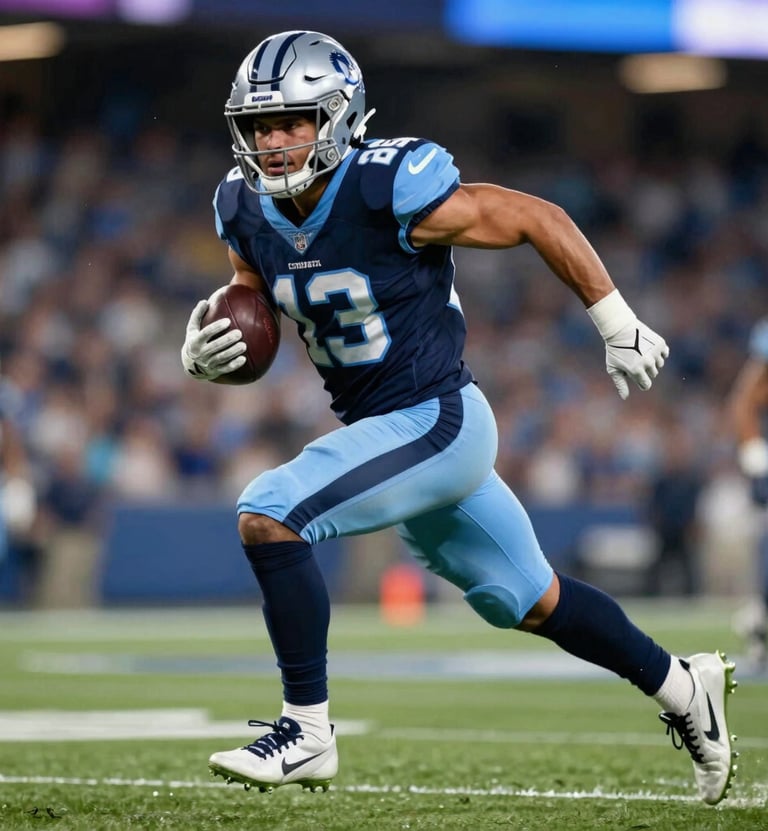 A dynamic high-action shot of a running back in mid-stride, showcasing explosive speed. The athlete wears a dark navy (#1C2B3A) and light blue (#8FAEC0) uniform. Dramatic lighting highlights the muscular definition and movement on a professional football field under stadium lights.