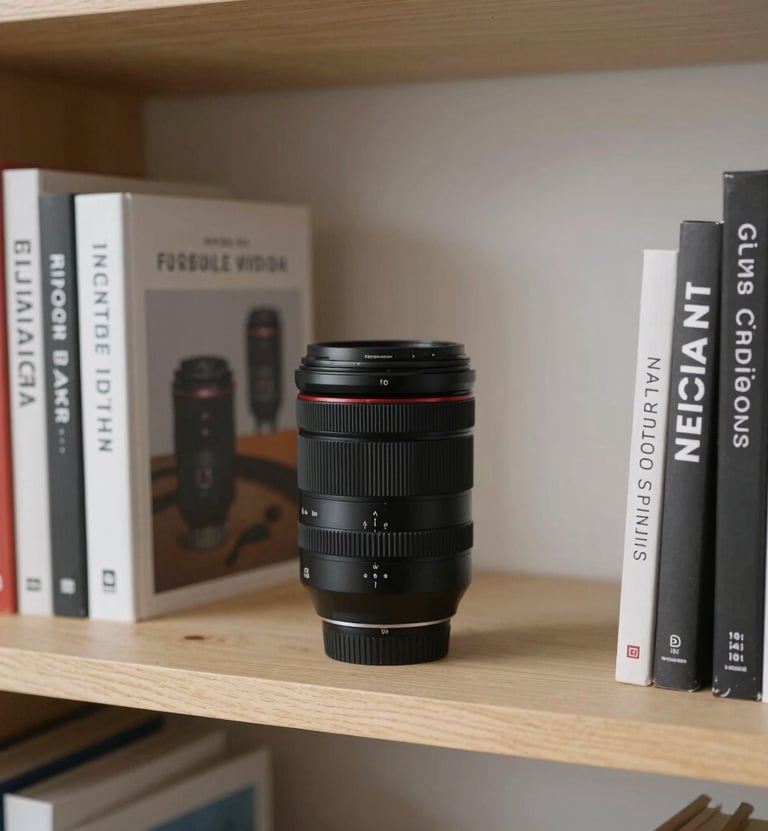 A collection of design books and a modern camera lens sitting on a light-colored wooden shelf. The composition is clean and artistic, reflecting a blend of technology and creative design skills in a Global / Digital Professional workspace.