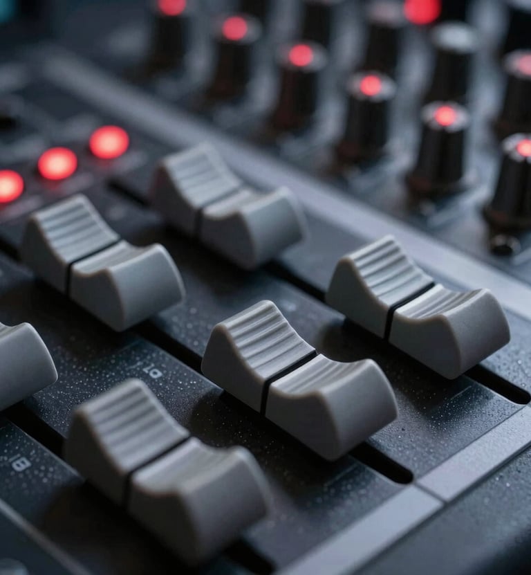 Macro shot of a high-end audio mixing console. The faders are charcoal gray, set against a deep black surface. Several small indicators glow with a sharp vivid deep red light, creating a focused, professional mood.