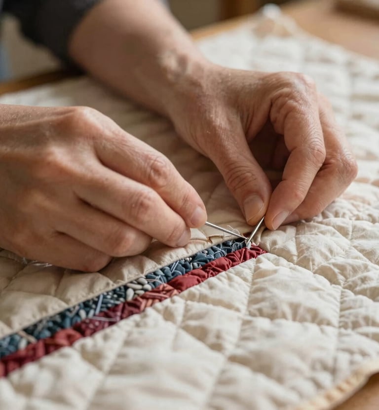A photograph of the quilter's hands working on a section of the quilt, showing the needle pulling through multiple layers of fabric. The lighting is warm and inviting, emphasizing the handcrafted nature of the work.