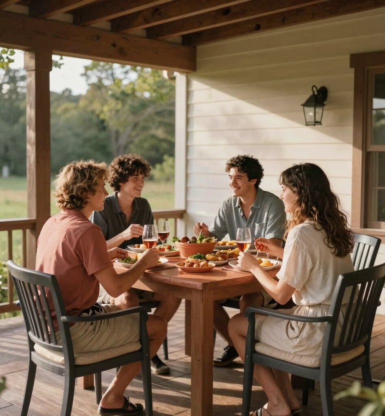A group of friends gathering on a wooden porch for a summer meal, North American / US architecture. Warm terracotta table settings, charcoal chairs, soft sand-colored cushions, sun-drenched atmosphere with natural shadows.