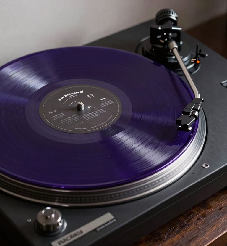 A professional photograph of a premium vinyl record spinning on a high-fidelity turntable. The record is translucent deep purple, and the equipment is sleek black. The lighting is focused and dramatic, capturing the modern and professional vibe of the company.