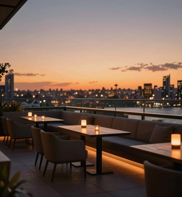 A high-end lifestyle photograph of a luxury rooftop lounge in Sydney at dusk. The composition is cinematic with soft orange ambient lighting from the sunset, featuring blurred city lights in the background. Minimalist furniture and a professional atmosphere.