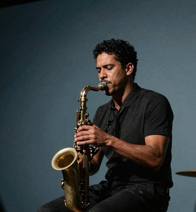 An artistic shot of a musician performing on a stage with a minimalist Muted Blue spotlight background in a Latin American / Spanish jazz club. Atmospheric and moody.