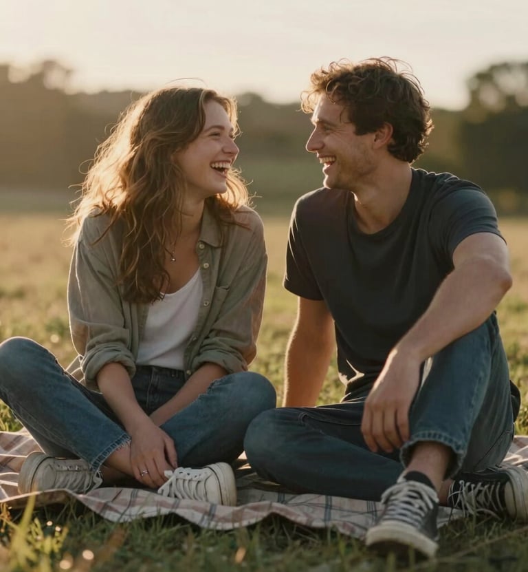 The couple sitting on a blanket on the ground, sharing a real, unposed moment of laughter. The lighting is back-lit and cinematic, creating a warm halo around them.