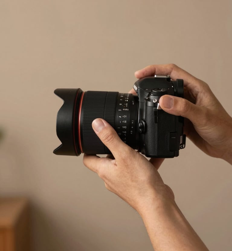 A close-up photograph of a professional photographer's hands adjusting a camera lens, set against a minimalist North American studio backdrop. The lighting is soft and warm, highlighting the textures of the equipment and the charcoal black and earthy brown tones of the surrounding space.