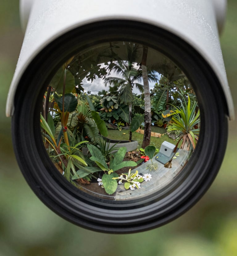 A close-up of a high-tech security lens reflecting a lush, green South American / Brazilian garden during the day. The reflection is clear and sharp, showing professional monitoring.