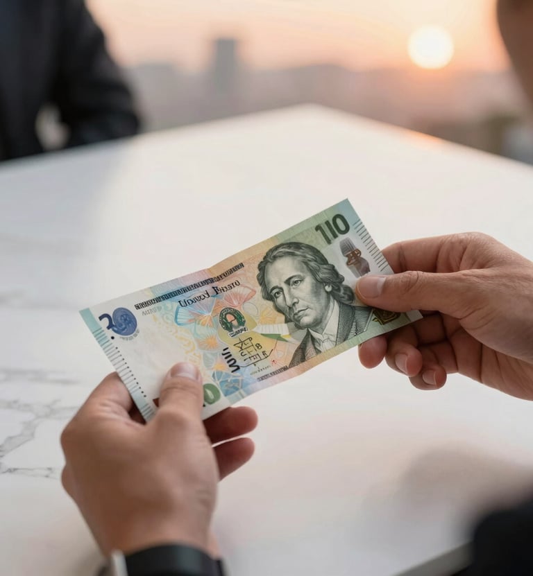 A close-up of hands exchanging a beautifully designed modern banknote over a pristine white marble table, International / Western business setting, warm peach sunset light.
