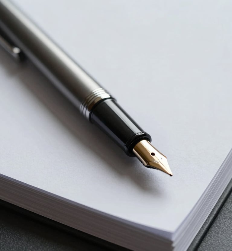 Cinematic close-up of a modern, thin fountain pen resting on a stack of high-quality paper. The lighting is soft and side-lit, emphasizing texture. Colors incorporate the sophisticated #3A3F3B and light #F8F6F2 tones.