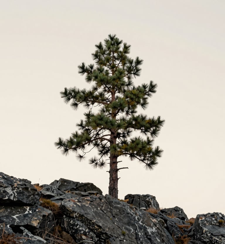 A minimalist photograph of a lone pine tree standing on a rocky outcrop in the North American / US Pacific Northwest. The sky is a flat, warm off-white. The composition is off-center and modern. Colors include charcoal rocks and sage green needles.