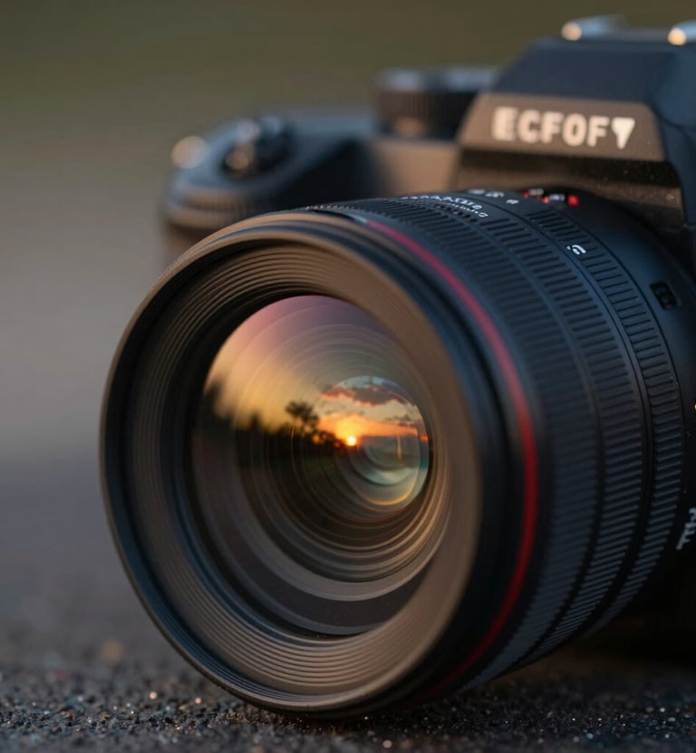 A close-up of a high-end cinematic lens capturing a reflection of a Bordeaux sunset. The lighting is warm and golden, contrasting with the sleek black body of the camera. The style is minimalist and ultra-modern, incorporating the brand palette of #0A0A0A and #ECF0F1.