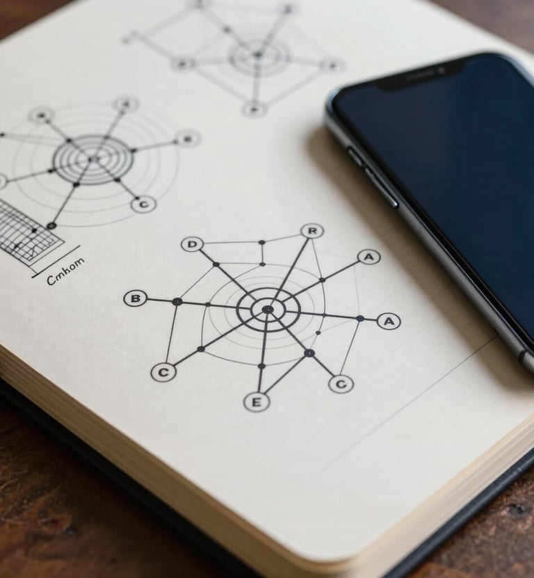 A close-up of a notebook with handwritten technical diagrams and network maps next to a sleek smartphone. The aesthetic is academic and professional, using a frost white and deep space navy color scheme.