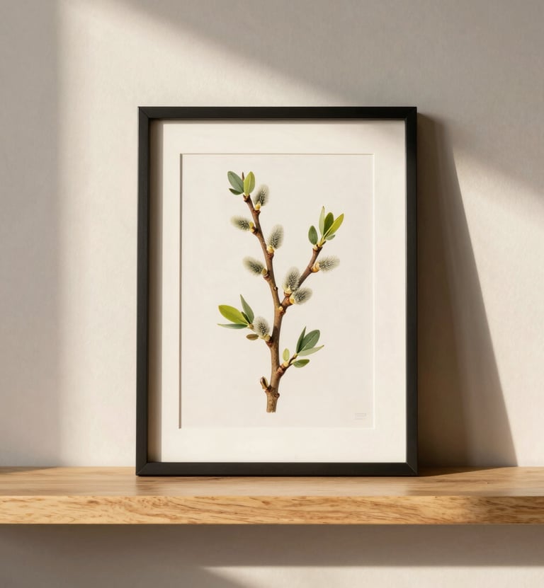 A framed botanical illustration of a wild willow tree branch, placed on a light oak shelf against a warm off-white wall, soft morning sunlight casting gentle shadows.