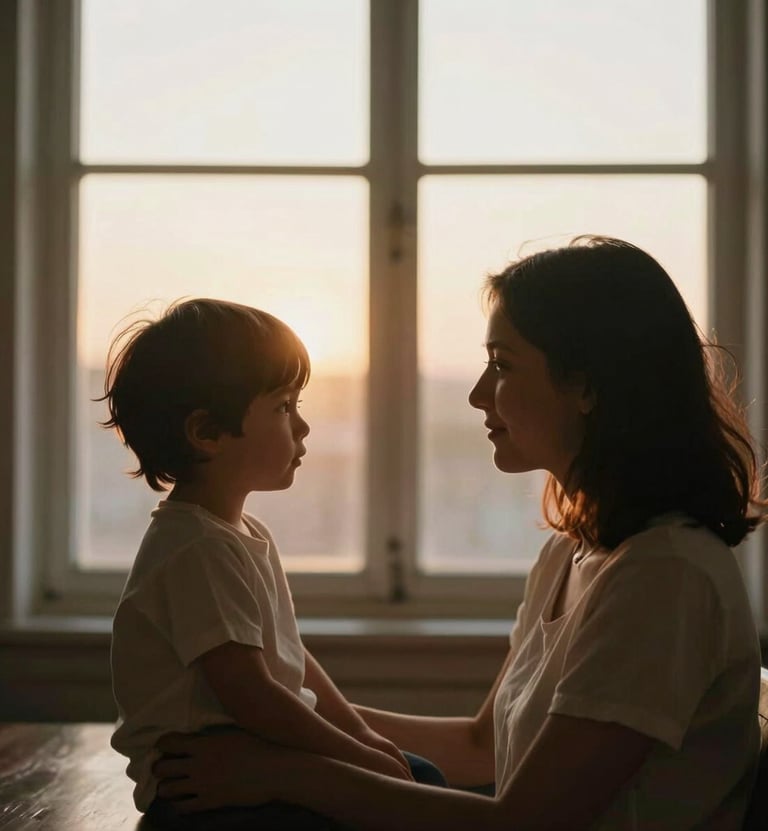 A quiet moment between a mother and child, silhouetted against a warm, sun-drenched window. The composition is elegant and storytelling-driven, emphasizing the soft light and emotional warmth.
