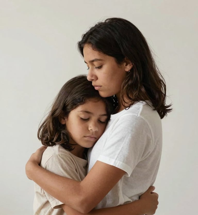 Portrait of two South American / Brazilian siblings embracing quietly in a minimalist studio. The mood is calm and emotional. Colors include Warm Taupe and Pearl White. Clean background, soft focus.