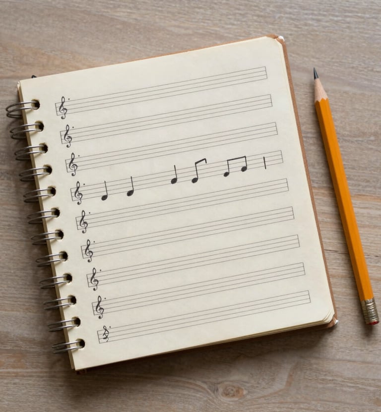 A top-down view of a vintage notebook with handwritten music notes. A pencil rests beside it on a soft taupe wooden surface. Soft, natural lighting.