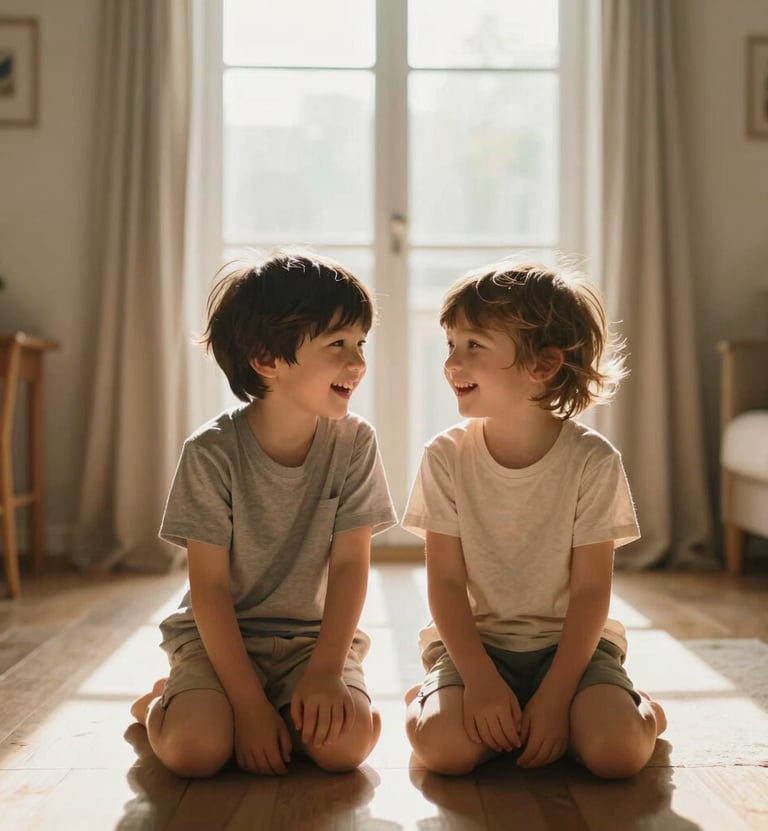 Rectangular centered photograph of two children playing in a room filled with brilliant white sunlight. Cinematic depth of field, focused on the authentic expression of joy. Highlights of golden tan and warm beige.