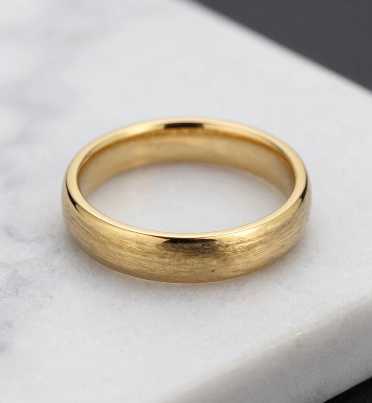 A detail shot of a brushed gold wedding ring set against a textured white marble surface. Sharp focus, high-end luxury feel, North American / US context.