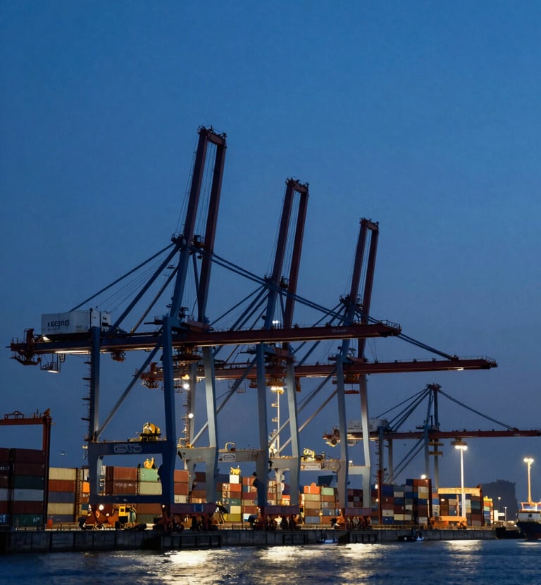 Extreme wide-angle environmental photograph of a deep-water container terminal at dusk, towering gantry cranes silhouetted against a dark blue sky, razor-sharp industrial lines