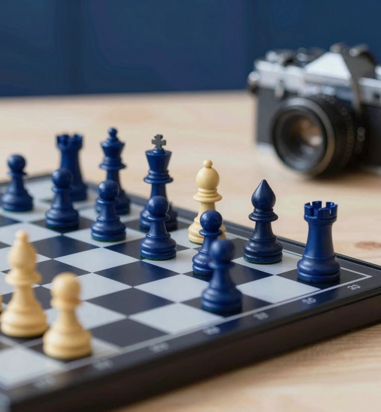 An artistic photograph capturing a personal hobby, such as a sleek, modern chessboard or a vintage film camera, set against a sophisticated backdrop. Incorporate colors #0A1128, #1E3F66, #E2B941, and #F5F8FA.