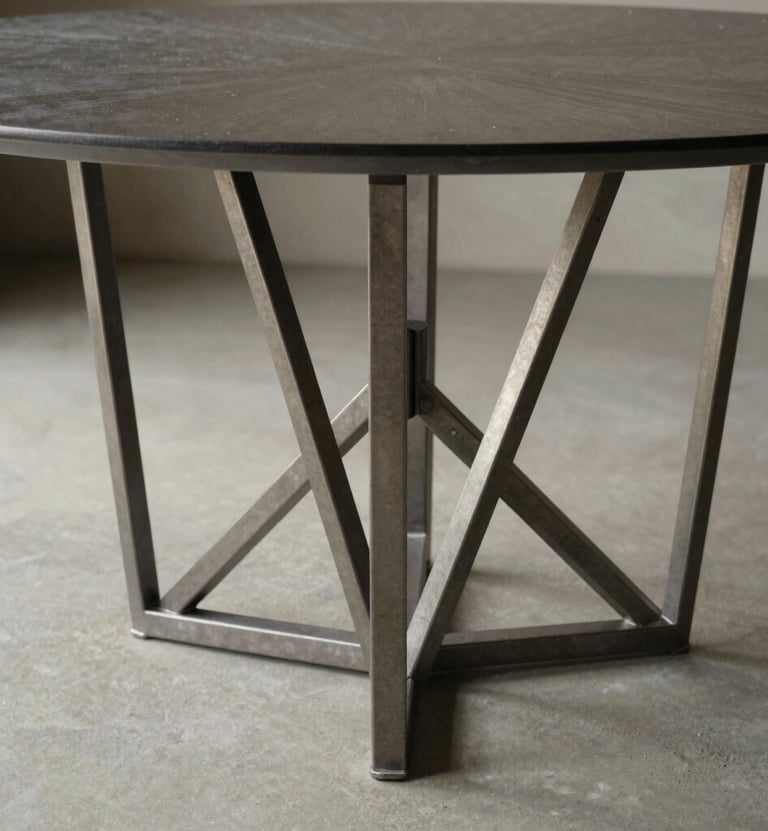 A detailed shot of a bespoke dining table base, showcasing a complex architectural metal structure in steel grey. The design is airy and minimalist, reflecting the 'warm minimalism' brand aesthetic.