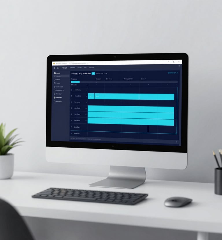 A minimalist 3D rendering of a modern workspace with soft lighting, featuring a glowing screen showing animation timelines, using colors #0d1026 and #8FE3F5.