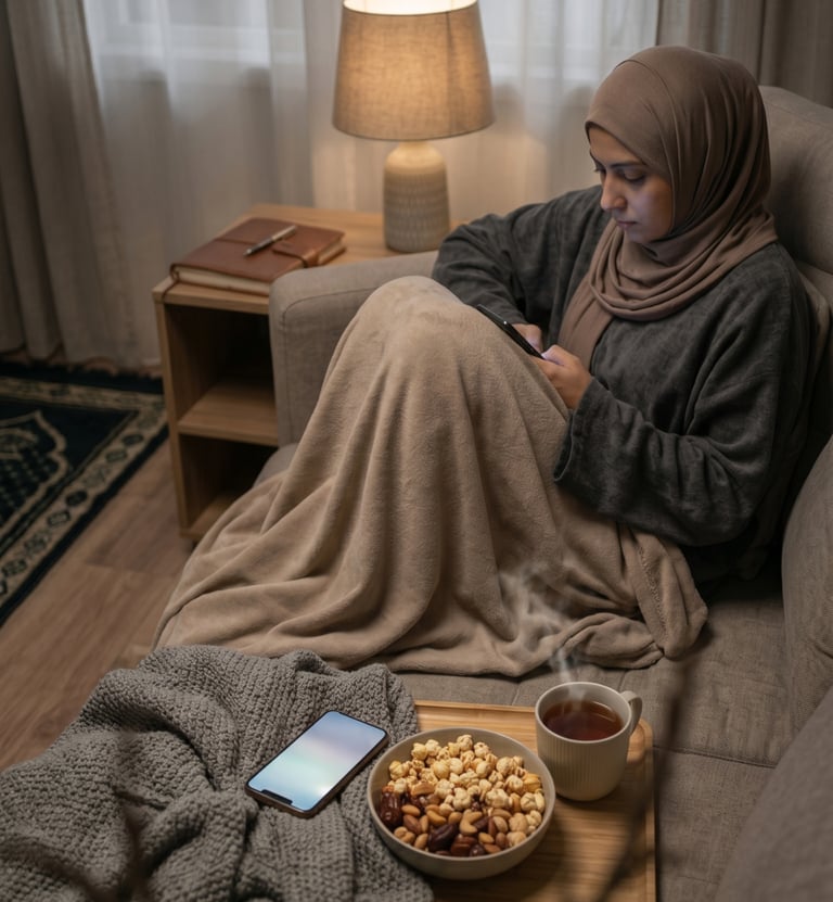 A Muslim woman in a hijab relaxing on a cozy sofa with tea, snacks, and a smartphone.