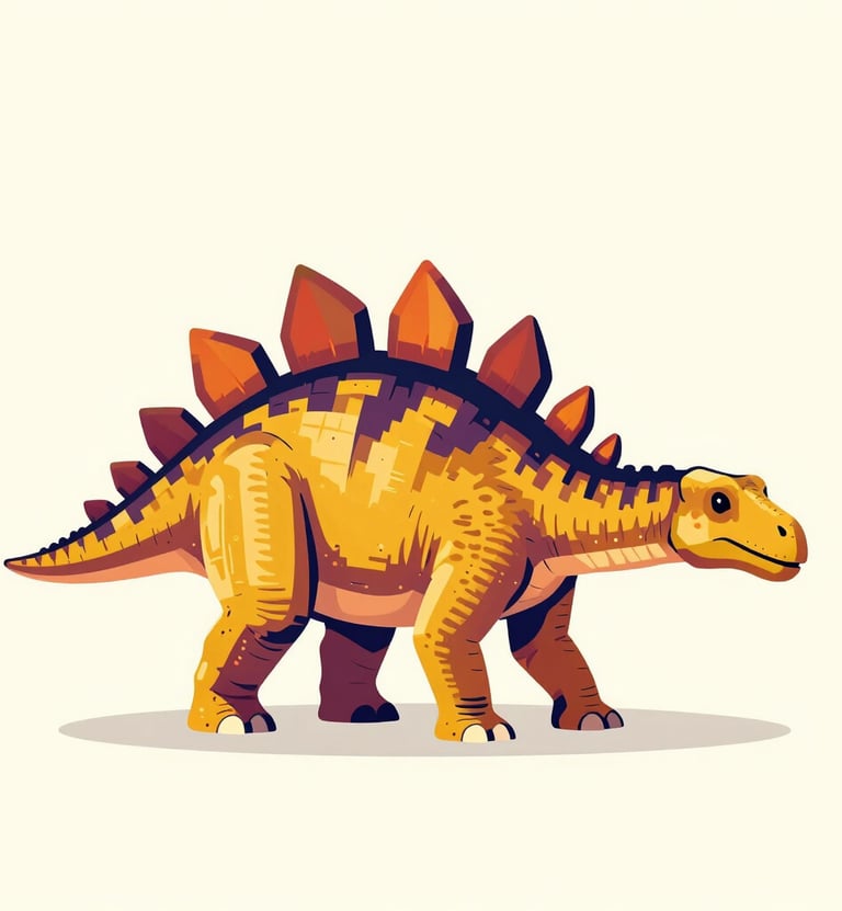 A vibrant Stegosaurus depicted in a retro-cool pop-art style, with plates on its back painted in alternating #1F3A4B and #D87D51 colors.