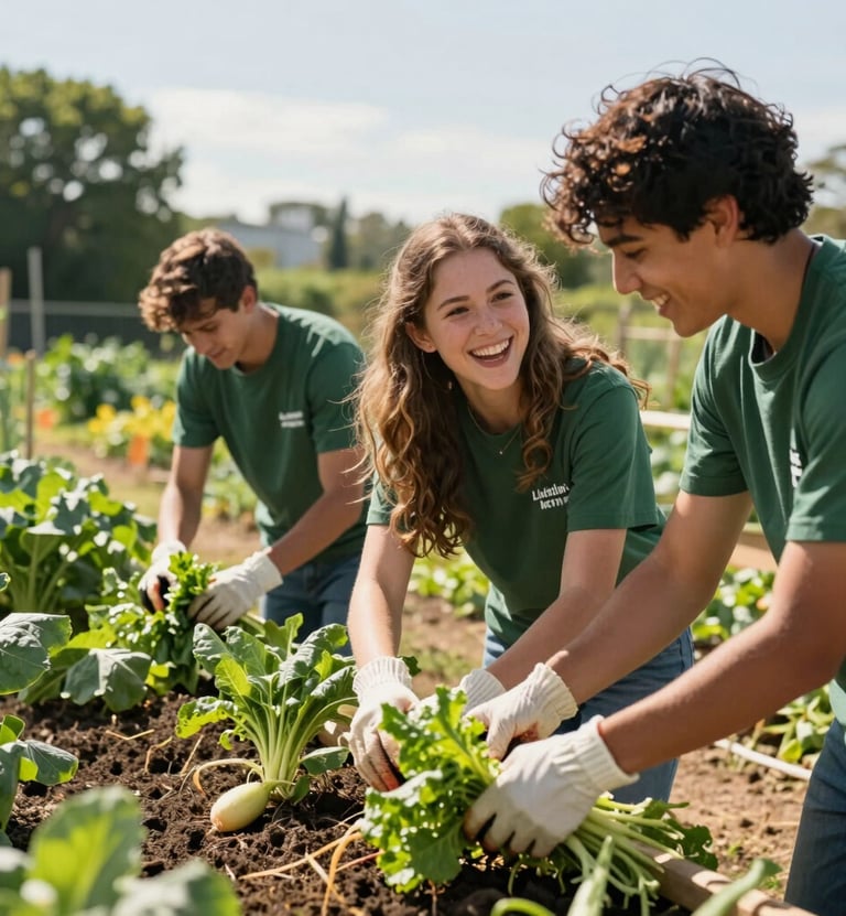 A candid shot of student volunteers laughing while harvesting fresh vegetables in a sunny North American / US community garden. High-quality photography with a focus on teamwork and aspiring atmosphere.