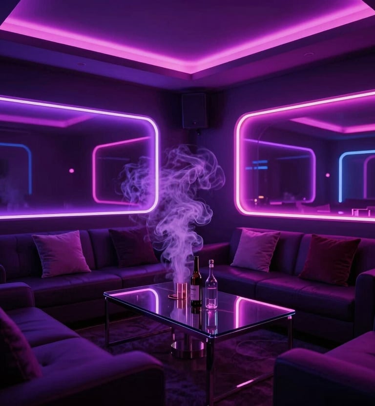 An exclusive luxury lounge room with glowing neon purple and pink lights. Seductive dark-mode atmosphere with soft vapor, a glass table reflecting the neon glow, and high-end modern decor. Elite adult entertainment visual style, Latin American / Global.