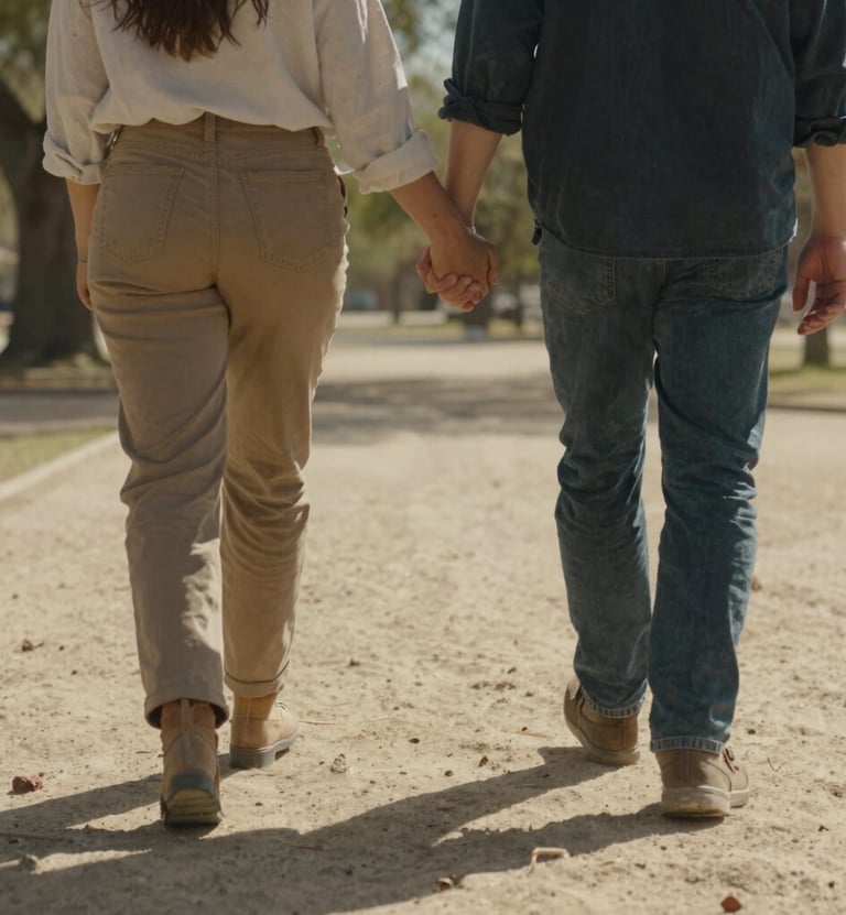 A cinematic shot of two people holding hands while walking through a Western / Global park, soft sand and almond tones, sun-drenched background, authentic lifestyle photography.