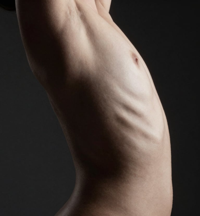 A minimalist art nude photograph focusing on the architectural curves of the human back. The lighting is a sharp, low-key side light that creates deep black shadows and bright off-white highlights on the skin texture. Professional studio setting in North American / US, emphasizing a sleek and sophisticated atmosphere.