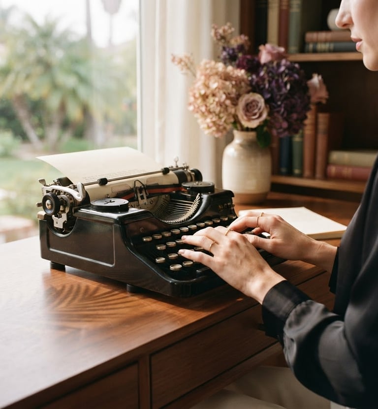 Elegant hands typing on a vintage typewriter on a sleek desk, cinematic window light, soft shadows, a subtle reflection of a palm leaf, blush and deep purple tones, 35mm film.