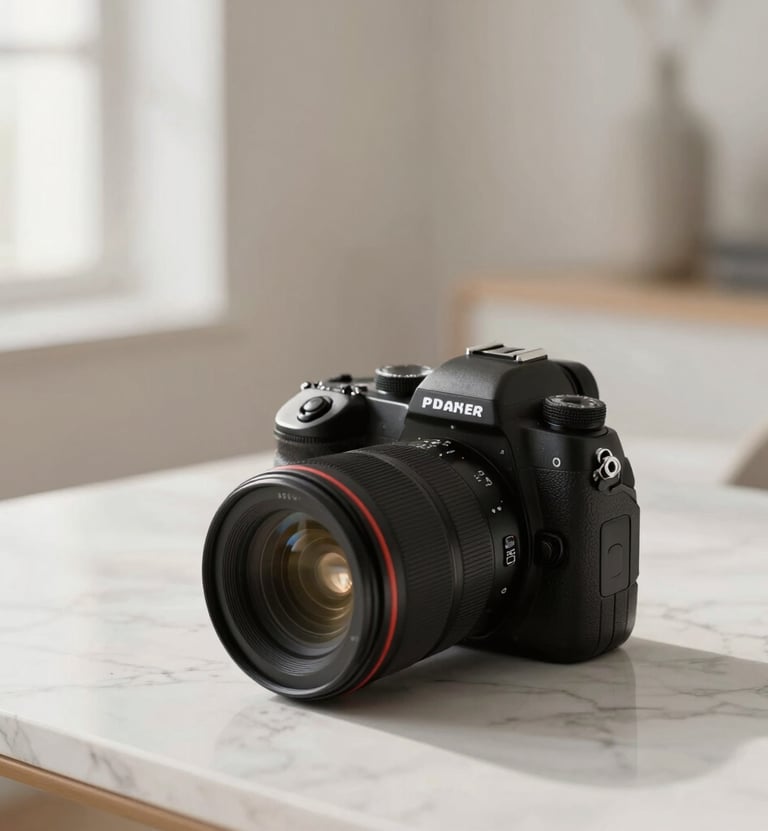 A close-up of a professional camera sitting on a marble desk in a bright, minimalist studio. Soft natural light from a window, clean shadows, incorporating #FDFDFD and #E0DCD9 tones for a high-end commercial feel.