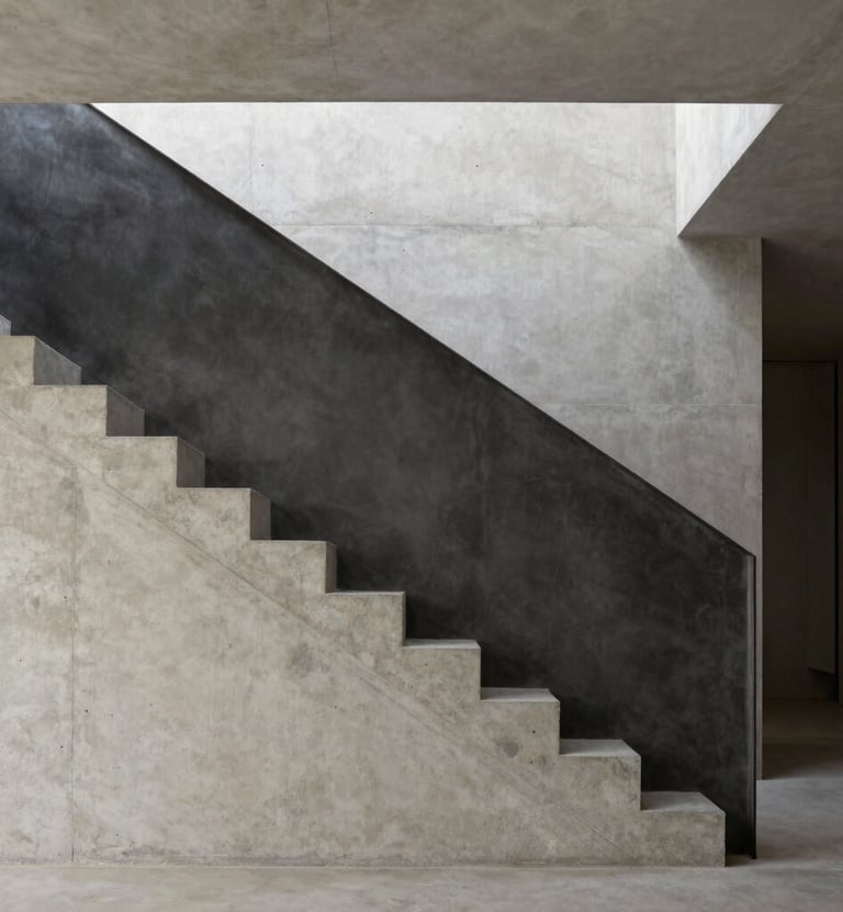 Architectural photography of a minimalist staircase with sharp geometric lines. The materials are raw concrete and Charcoal steel. Soft natural light creates dramatic shadows in a European Portuguese villa setting. Sophisticated and clean composition.