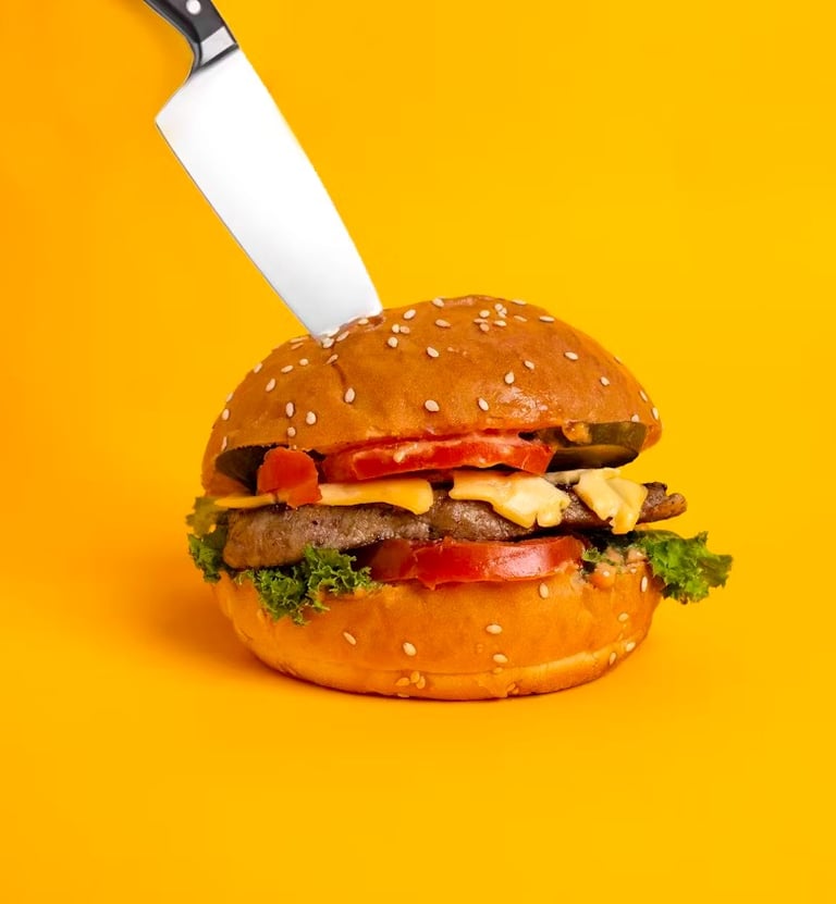 primo piano di un panino burger che viene infilzato da un grosso coltello 