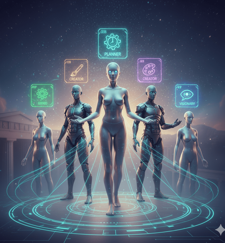 Female AI leading specialized agent tribe; best AI course for success.