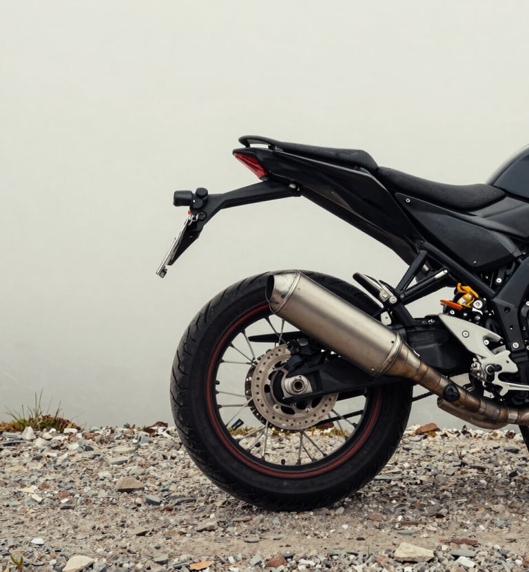A minimalist composition of a motorcycle's rear wheel and exhaust pipe resting on a gravel path in a Global / Western highland. The background is a soft off-white foggy sky.