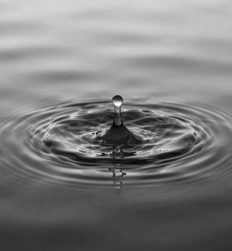 Abstract photography of water ripples reacting to sound frequencies. Cinematic, artistic style, black and white. Sharp focus on the texture of the water, minimalist and refined.