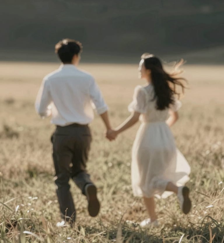 A blurry, artistic lifestyle shot capturing the couple running through a sun-drenched field. The motion blur adds a cinematic feel. Warm color palette with soft charcoal #3A3A3A shadows and bright #FDF8F0 highlights.