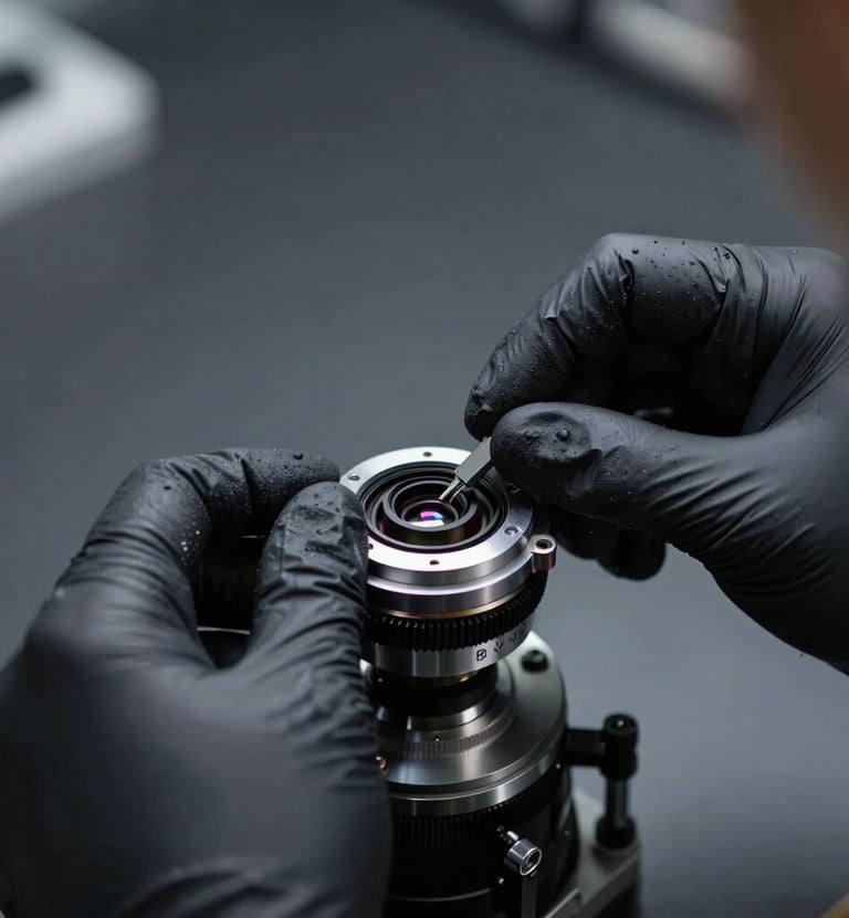 A close-up photograph of a technician's hands in black gloves performing a precision lens calibration in a clean North American workshop. The lighting is clinical and sharp, highlighting the intricate mechanical details of the camera optics against a dark grey background.