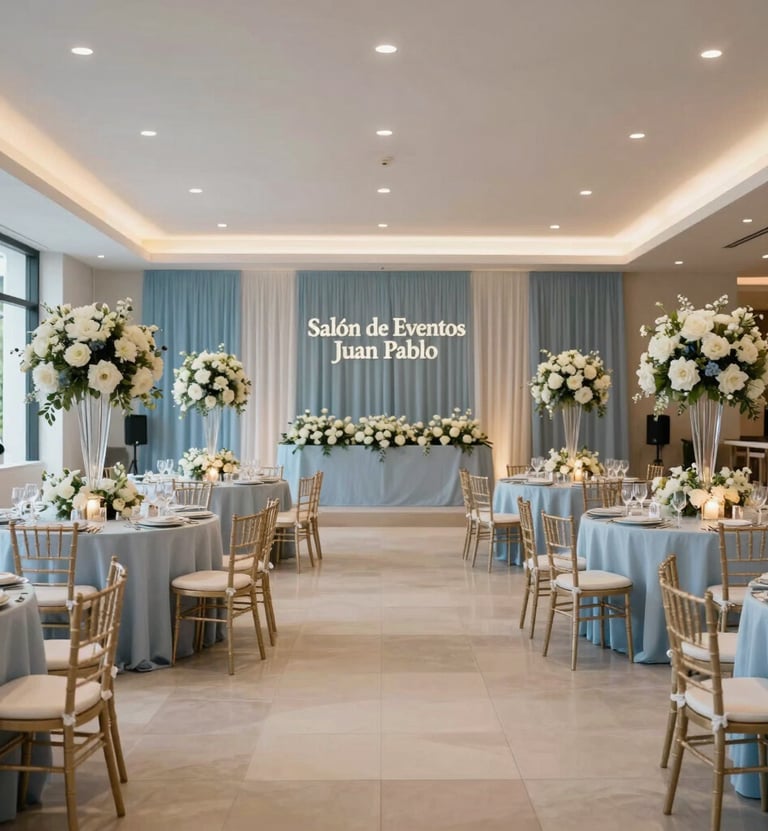 A wide-angle interior shot of the elegant 'Salón de Eventos Juan Pablo' in a modern South American / Colombian setting, decorated for a wedding with soft light blue and off-white floral arrangements, professional lighting.