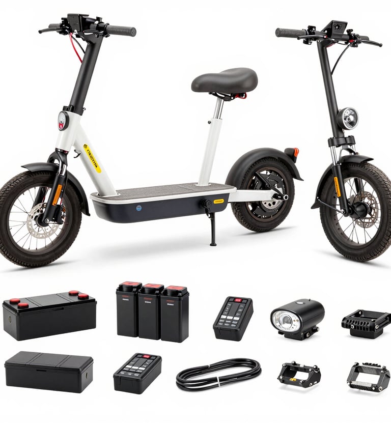 Three electric scooters are parked on a paved street near a building with old-style architecture. The building has large windows and a red sign indicating a museum. There is a black iron fence on the left and a path leading away from the area.